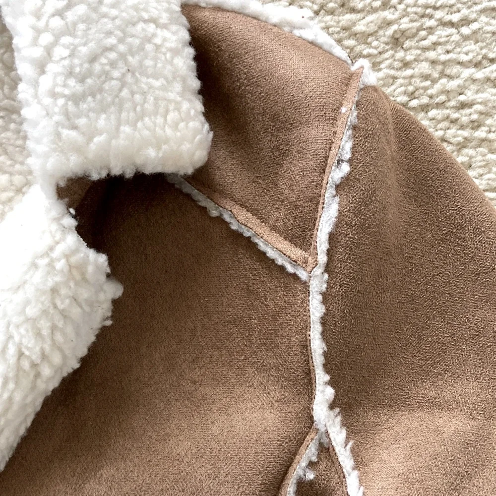 Faux Suede Sherpa Lined Short Moto Style Jacket - Picture 5 of 11